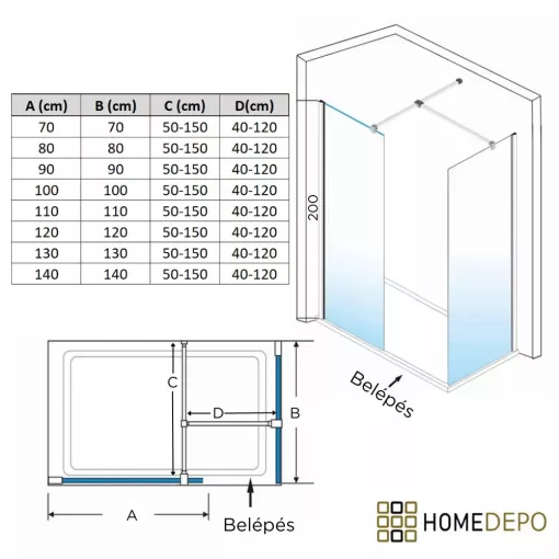 HD Oslo Black Kombi Walk-In zuhanyfal 8 mm vastag vízlepergető biztonsági üveggel, 200 cm magas, fekete profillal és távtartóval