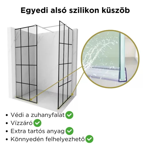 HD Oslo Kombi Walk-In zuhanyfal 8 mm vastag vízlepergető biztonsági üveggel, 200 cm magas, króm profillal és távtartóval