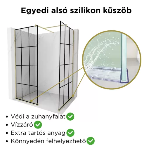 HD Oslo Gold Kombi Walk-In zuhanyfal 8 mm vastag vízlepergető biztonsági üveggel, 200 cm magas, arany profillal és távtartóval