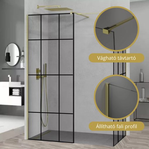 HD Oslo Gold Kombi Walk-In zuhanyfal, 70x100 cm, 8 mm vastag vízlepergető biztonsági üveggel, 200 cm magas, arany profillal és távtartóval