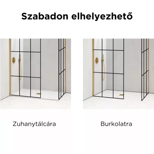 HD Oslo Gold Kombi Walk-In zuhanyfal 8 mm vastag vízlepergető biztonsági üveggel, 200 cm magas, arany profillal és távtartóval
