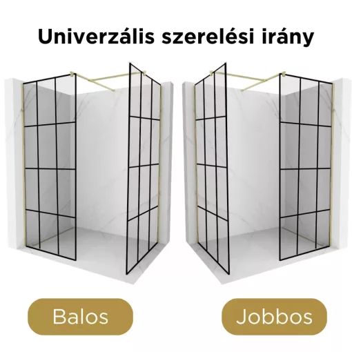 HD Oslo Gold Kombi Walk-In zuhanyfal 8 mm vastag vízlepergető biztonsági üveggel, 200 cm magas, arany profillal és távtartóval