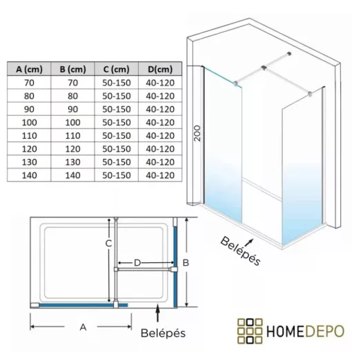 HD Oslo Gold Kombi Walk-In zuhanyfal 8 mm vastag vízlepergető biztonsági üveggel, 200 cm magas, arany profillal és távtartóval