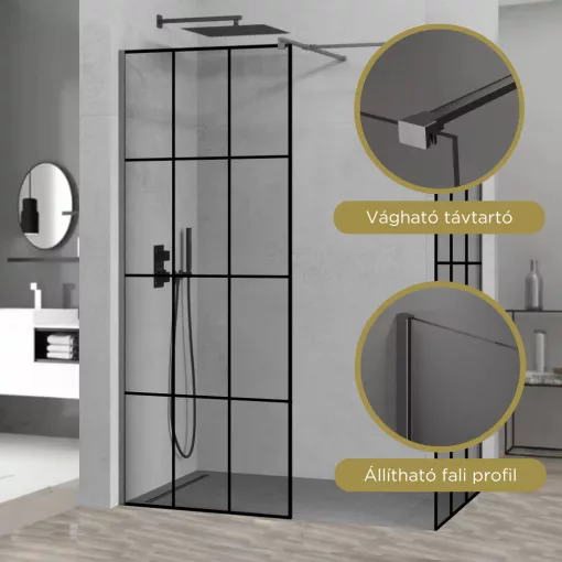 HD Oslo Gun Grey Kombi Walk-In zuhanyfal 8 mm vastag vízlepergető biztonsági üveggel, 200 cm magas, szürke profillal és távtartóval