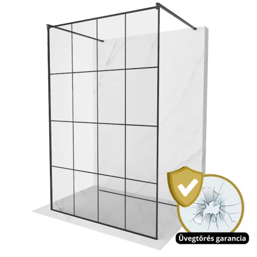 HD Oslo Light Black szabadonálló Walk-In zuhanyfal, 130x200 cm, 8 mm vastag vízlepergető biztonsági üveggel, 200 cm magas, két távtartóval