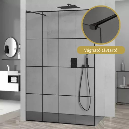 HD Oslo Light Black szabadonálló Walk-In zuhanyfal, 130x200 cm, 8 mm vastag vízlepergető biztonsági üveggel, 200 cm magas, két távtartóval
