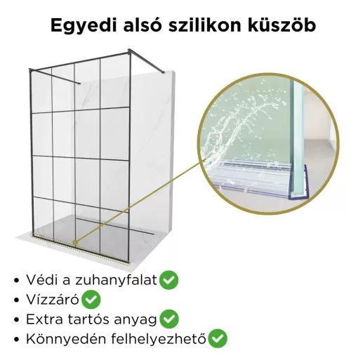 HD Oslo Light Black szabadonálló Walk-In zuhanyfal, 130x200 cm, 8 mm vastag vízlepergető biztonsági üveggel, 200 cm magas, két távtartóval