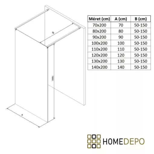 HD Oslo Light Black szabadonálló Walk-In zuhanyfal, 130x200 cm, 8 mm vastag vízlepergető biztonsági üveggel, 200 cm magas, két távtartóval