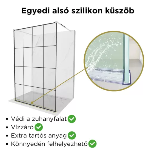 HD Oslo Light szabadonálló Walk-In zuhanyfal, 130x200 cm, 8 mm vastag vízlepergető biztonsági üveggel, 200 cm magas, két távtartóval