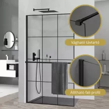 HD Oslo+ Black Walk-In zuhanyfal, 110x200 cm, 8 mm vastag vízlepergető biztonsági üveggel, 200 cm magas, fekete profillal és távtartóval