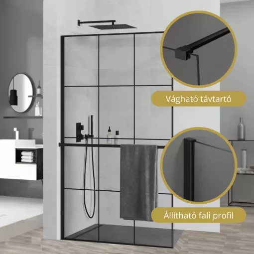 HD Oslo+ Black Walk-In zuhanyfal, 110x200 cm, 8 mm vastag vízlepergető biztonsági üveggel, 200 cm magas, fekete profillal és távtartóval
