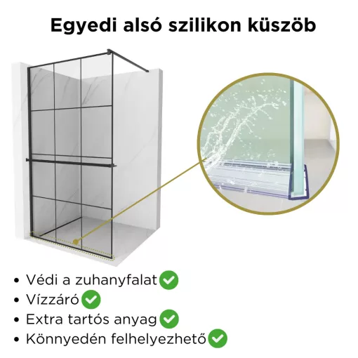 HD Oslo+ Black Walk-In zuhanyfal, 110x200 cm, 8 mm vastag vízlepergető biztonsági üveggel, 200 cm magas, fekete profillal és távtartóval