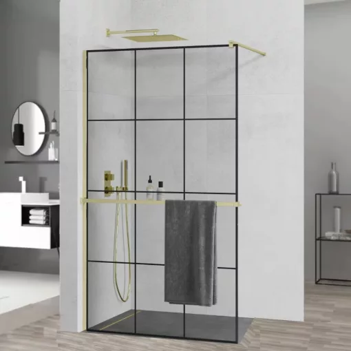 HD Oslo+ Gold Walk-In zuhanyfal, 110x200 cm, 8 mm vastag vízlepergető biztonsági üveggel, 200 cm magas, arany profillal és távtartóval