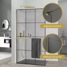 HD Oslo+ Gold Walk-In zuhanyfal, 110x200 cm, 8 mm vastag vízlepergető biztonsági üveggel, 200 cm magas, arany profillal és távtartóval
