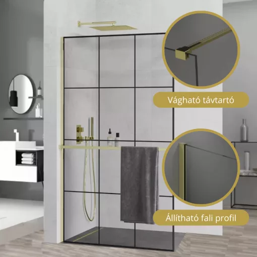 HD Oslo+ Gold Walk-In zuhanyfal, 110x200 cm, 8 mm vastag vízlepergető biztonsági üveggel, 200 cm magas, arany profillal és távtartóval