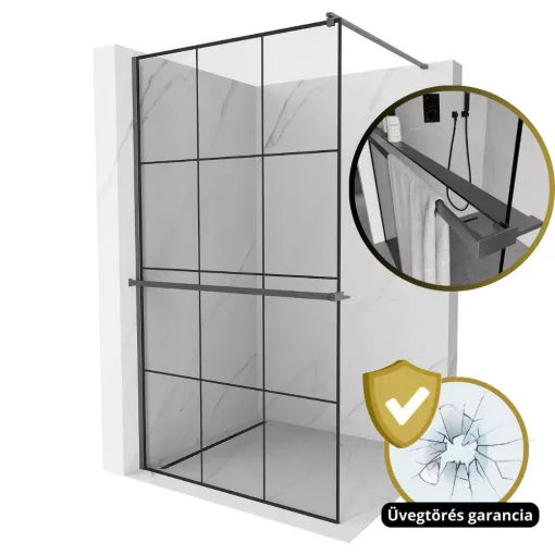 HD Oslo+ Gun Grey Walk-In zuhanyfal, 100x200 cm, 8 mm vastag vízlepergető biztonsági üveggel, 200 cm magas, szürke profillal és távtartóval