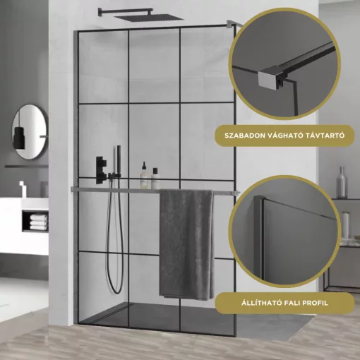 HD Oslo+ Gun Grey Walk-In zuhanyfal, 100x200 cm, 8 mm vastag vízlepergető biztonsági üveggel, 200 cm magas, szürke profillal és távtartóval