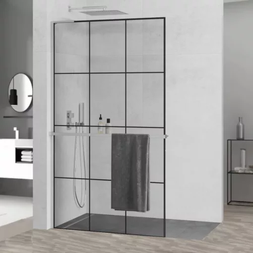 HD Oslo+ "L" Walk-In zuhanyfal, 100x200 cm, 8 mm vastag vízlepergető biztonsági üveggel, 200 cm magas, króm profillal és "L" stabilizátorral