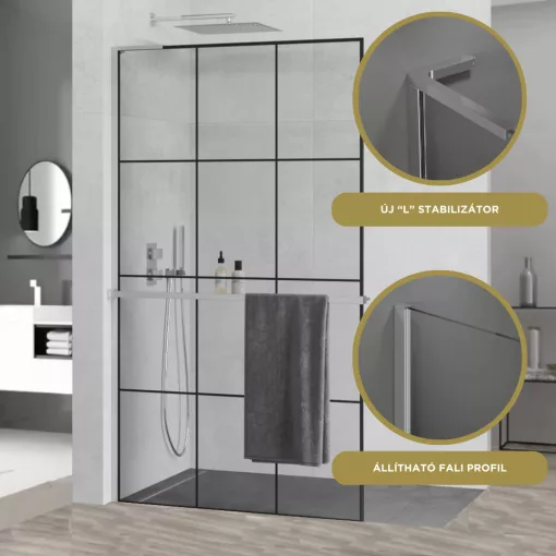 HD Oslo+ "L" Walk-In zuhanyfal, 100x200 cm, 8 mm vastag vízlepergető biztonsági üveggel, 200 cm magas, króm profillal és "L" stabilizátorral
