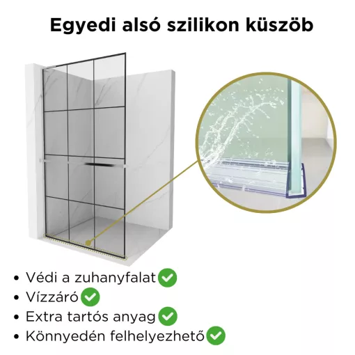 HD Oslo+ "L" Walk-In zuhanyfal, 100x200 cm, 8 mm vastag vízlepergető biztonsági üveggel, 200 cm magas, króm profillal és "L" stabilizátorral