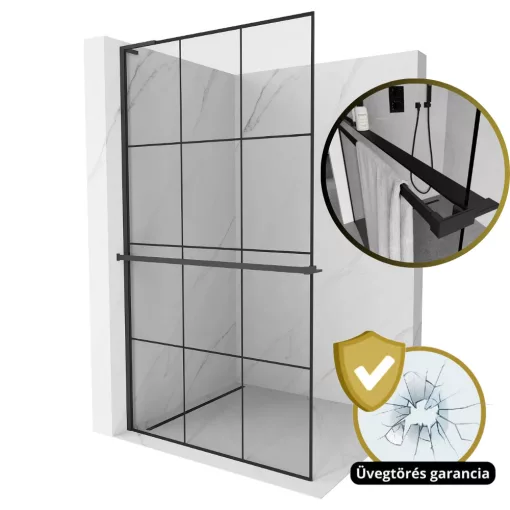 HD Oslo+ "L" Black Walk-In zuhanyfal, 100x200 cm, 8 mm vastag vízlepergető biztonsági üveggel, 200 cm magas, fekete profillal és "L" stabilizátorral