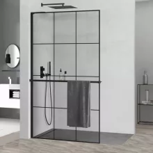 HD Oslo+ "L" Black Walk-In zuhanyfal, 100x200 cm, 8 mm vastag vízlepergető biztonsági üveggel, 200 cm magas, fekete profillal és "L" stabilizátorral