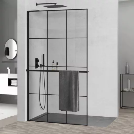 HD Oslo+ "L" Black Walk-In zuhanyfal, 100x200 cm, 8 mm vastag vízlepergető biztonsági üveggel, 200 cm magas, fekete profillal és "L" stabilizátorral