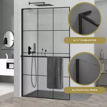 HD Oslo+ "L" Black Walk-In zuhanyfal, 100x200 cm, 8 mm vastag vízlepergető biztonsági üveggel, 200 cm magas, fekete profillal és "L" stabilizátorral