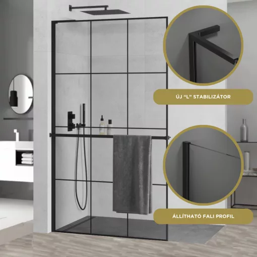 HD Oslo+ "L" Black Walk-In zuhanyfal, 100x200 cm, 8 mm vastag vízlepergető biztonsági üveggel, 200 cm magas, fekete profillal és "L" stabilizátorral