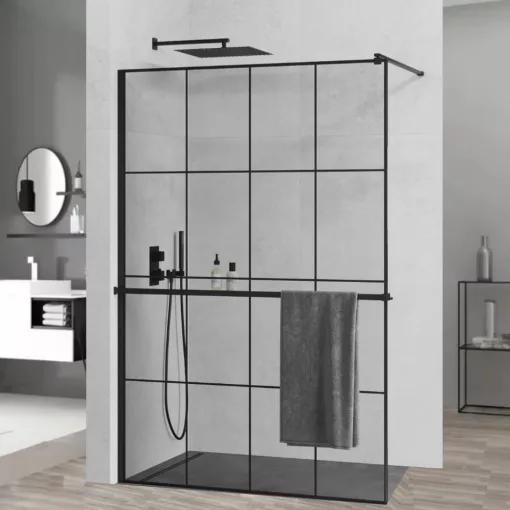 HD Oslo+ Black Walk-In zuhanyfal, 140x200 cm, 8 mm vastag vízlepergető biztonsági üveggel, 200 cm magas, fekete profillal és távtartóval