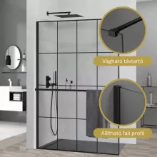 HD Oslo+ Black Walk-In zuhanyfal, 140x200 cm, 8 mm vastag vízlepergető biztonsági üveggel, 200 cm magas, fekete profillal és távtartóval