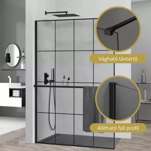 HD Oslo+ Black Walk-In zuhanyfal, 140x200 cm, 8 mm vastag vízlepergető biztonsági üveggel, 200 cm magas, fekete profillal és távtartóval