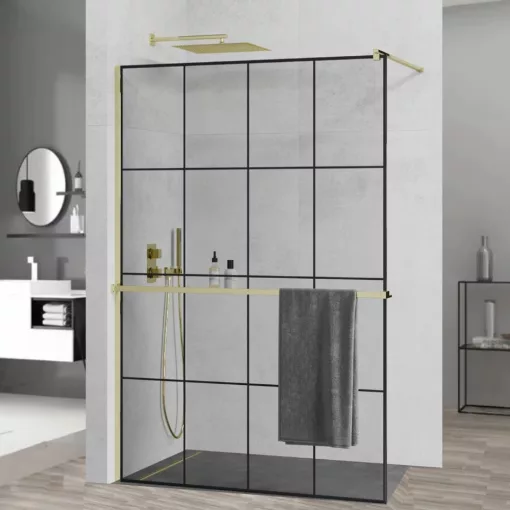 HD Oslo+ Gold Walk-In zuhanyfal, 140x200 cm, 8 mm vastag vízlepergető biztonsági üveggel, 200 cm magas, arany profillal és távtartóval