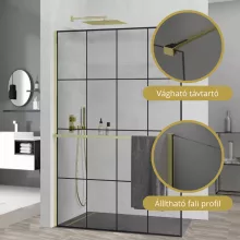 HD Oslo+ Gold Walk-In zuhanyfal, 140x200 cm, 8 mm vastag vízlepergető biztonsági üveggel, 200 cm magas, arany profillal és távtartóval
