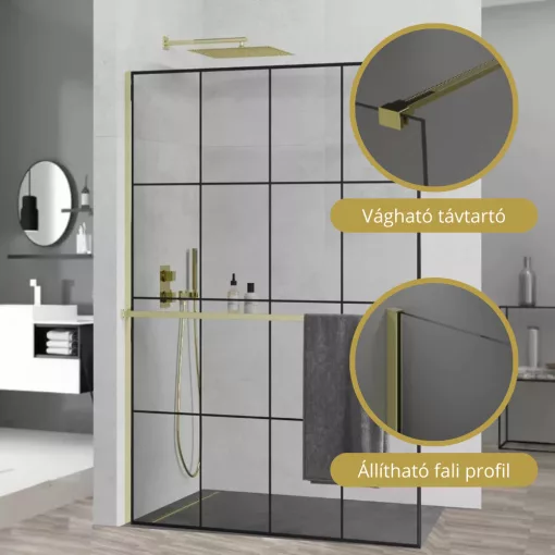 HD Oslo+ Gold Walk-In zuhanyfal, 140x200 cm, 8 mm vastag vízlepergető biztonsági üveggel, 200 cm magas, arany profillal és távtartóval