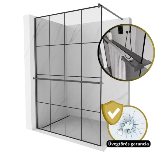 HD Oslo+ Gun Grey Walk-In zuhanyfal, 130x200 cm, 8 mm vastag vízlepergető biztonsági üveggel, 200 cm magas, szürke profillal és távtartóval