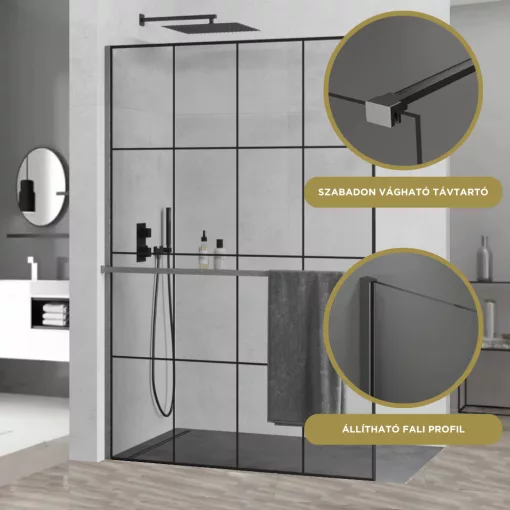 HD Oslo+ Gun Grey Walk-In zuhanyfal, 130x200 cm, 8 mm vastag vízlepergető biztonsági üveggel, 200 cm magas, szürke profillal és távtartóval