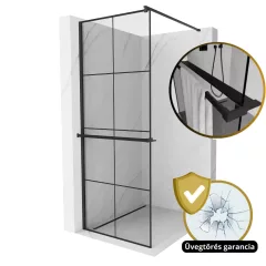   HD Oslo+ Black Walk-In zuhanyfal 8 mm vastag vízlepergető biztonsági üveggel, 200 cm magas, fekete profillal és távtartóval