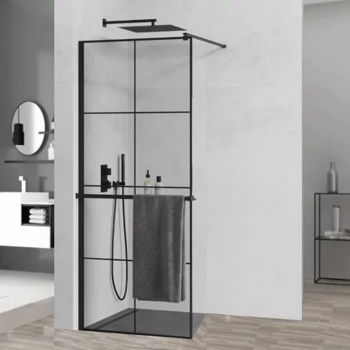 HD Oslo+ Black Walk-In zuhanyfal 8 mm vastag vízlepergető biztonsági üveggel, 200 cm magas, fekete profillal és távtartóval