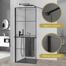 HD Oslo+ Black Walk-In zuhanyfal 8 mm vastag vízlepergető biztonsági üveggel, 200 cm magas, fekete profillal és távtartóval