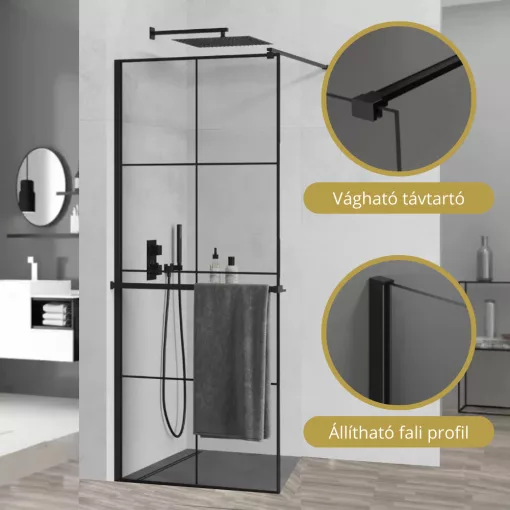HD Oslo+ Black Walk-In zuhanyfal 8 mm vastag vízlepergető biztonsági üveggel, 200 cm magas, fekete profillal és távtartóval