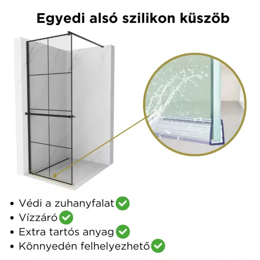 HD Oslo+ Black Walk-In zuhanyfal 8 mm vastag vízlepergető biztonsági üveggel, 200 cm magas, fekete profillal és távtartóval