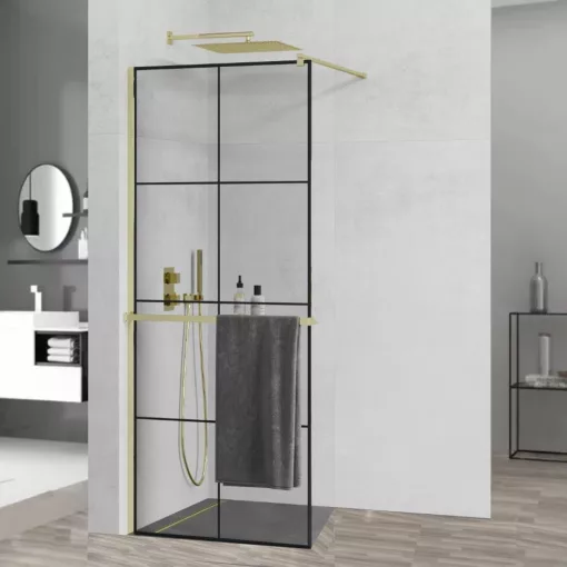 HD Oslo+ Gold Walk-In zuhanyfal 8 mm vastag vízlepergető biztonsági üveggel, 200 cm magas, arany profillal és távtartóval