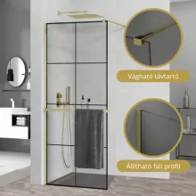 HD Oslo+ Gold Walk-In zuhanyfal 8 mm vastag vízlepergető biztonsági üveggel, 200 cm magas, arany profillal és távtartóval
