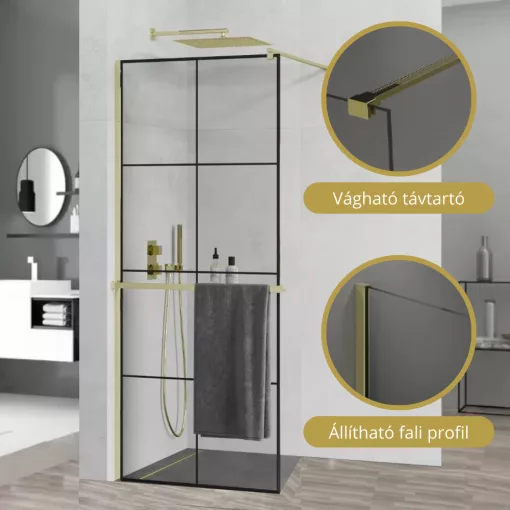 HD Oslo+ Gold Walk-In zuhanyfal 8 mm vastag vízlepergető biztonsági üveggel, 200 cm magas, arany profillal és távtartóval