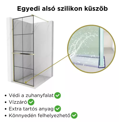 HD Oslo+ Gold Walk-In zuhanyfal 8 mm vastag vízlepergető biztonsági üveggel, 200 cm magas, arany profillal és távtartóval