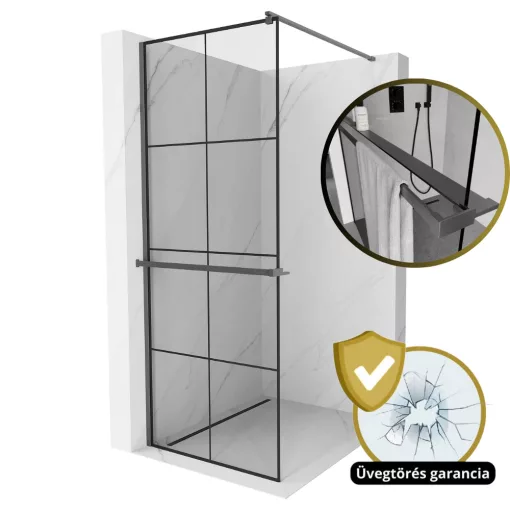 HD Oslo+ Gun Grey Walk-In zuhanyfal 8 mm vastag vízlepergető biztonsági üveggel, 200 cm magas, szürke profillal és távtartóval