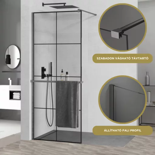 HD Oslo+ Gun Grey Walk-In zuhanyfal 8 mm vastag vízlepergető biztonsági üveggel, 200 cm magas, szürke profillal és távtartóval
