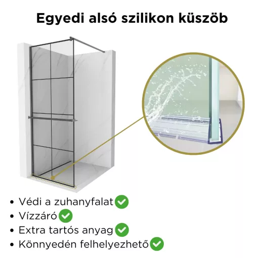 HD Oslo+ Gun Grey Walk-In zuhanyfal 8 mm vastag vízlepergető biztonsági üveggel, 200 cm magas, szürke profillal és távtartóval
