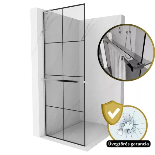 HD Oslo+ "L" Walk-In zuhanyfal, 90x200 cm, 8 mm vastag vízlepergető biztonsági üveggel, 200 cm magas, króm profillal és "L" stabilizátorral